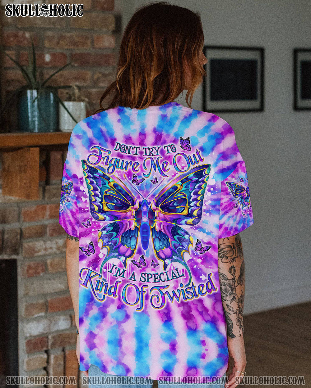 BLISSCORNERS DON'T TRY TO FIGURE ME OUT SKULL BUTTERFLY ALL OVER PRINT