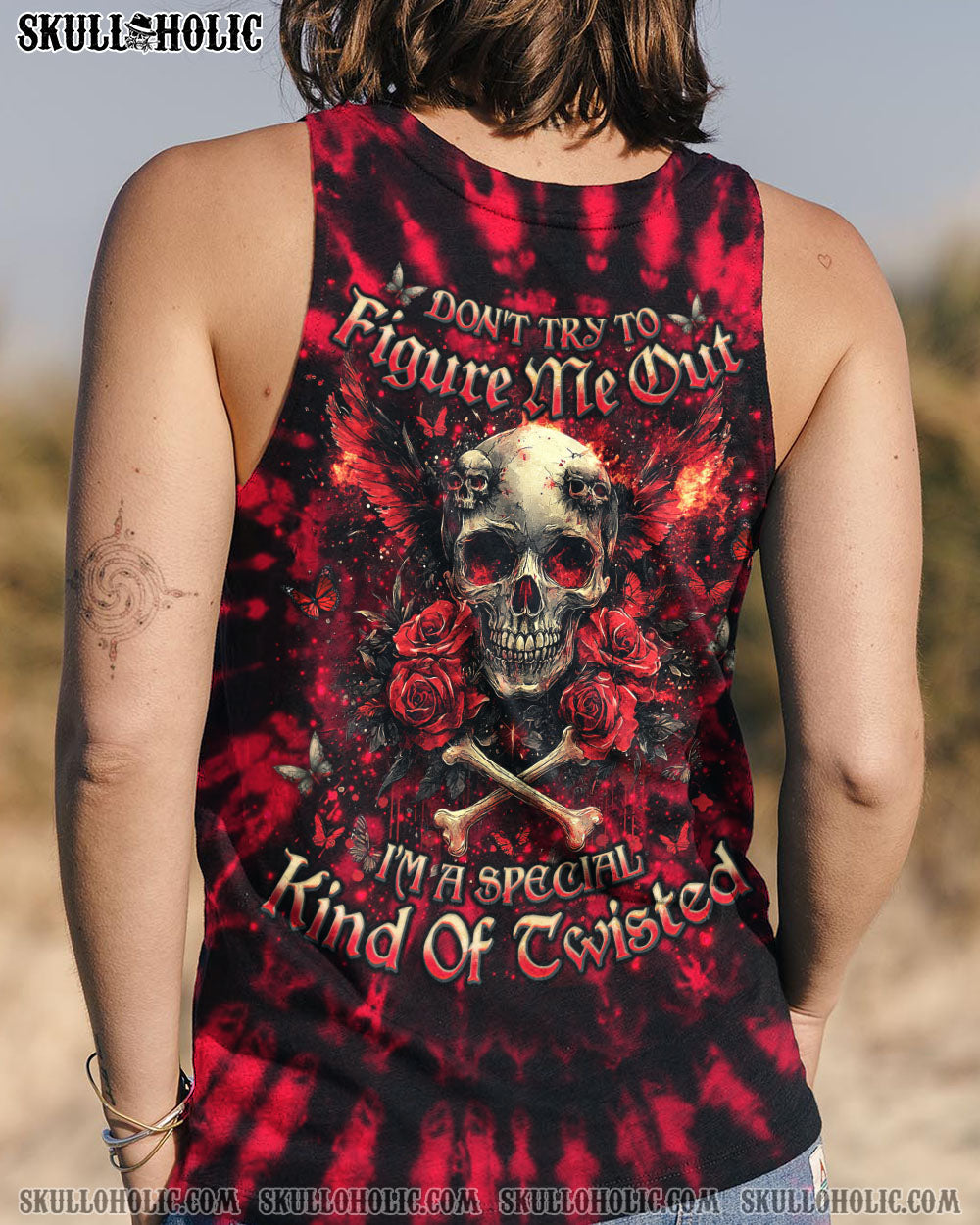 BLISSCORNERS DON'T TRY TO FIGURE ME OUT SKULL WINGS ALL OVER PRINT