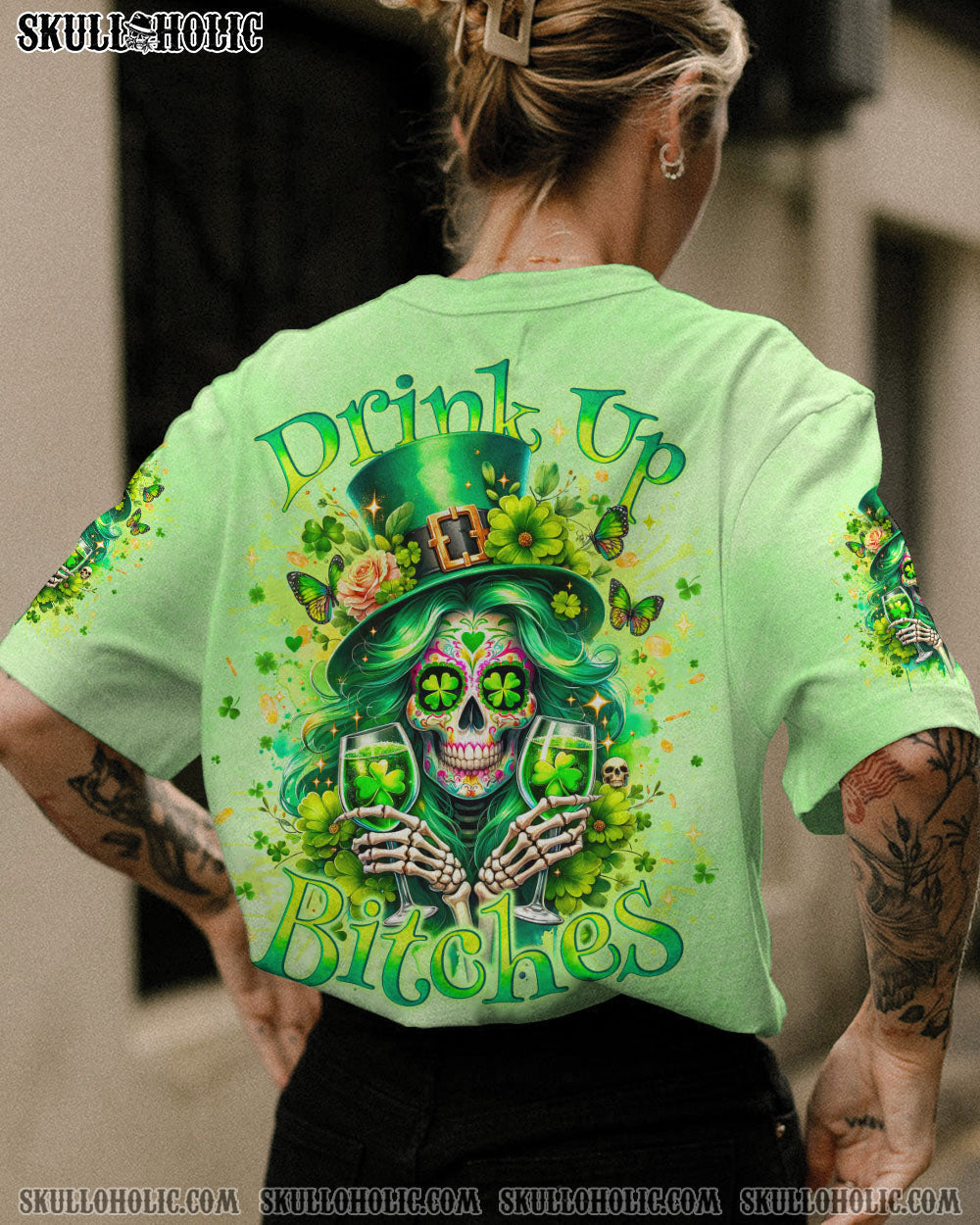 BLISSCORNERS DRINK UP B SKULL LADY PATRICK'S DAY ALL OVER PRINT