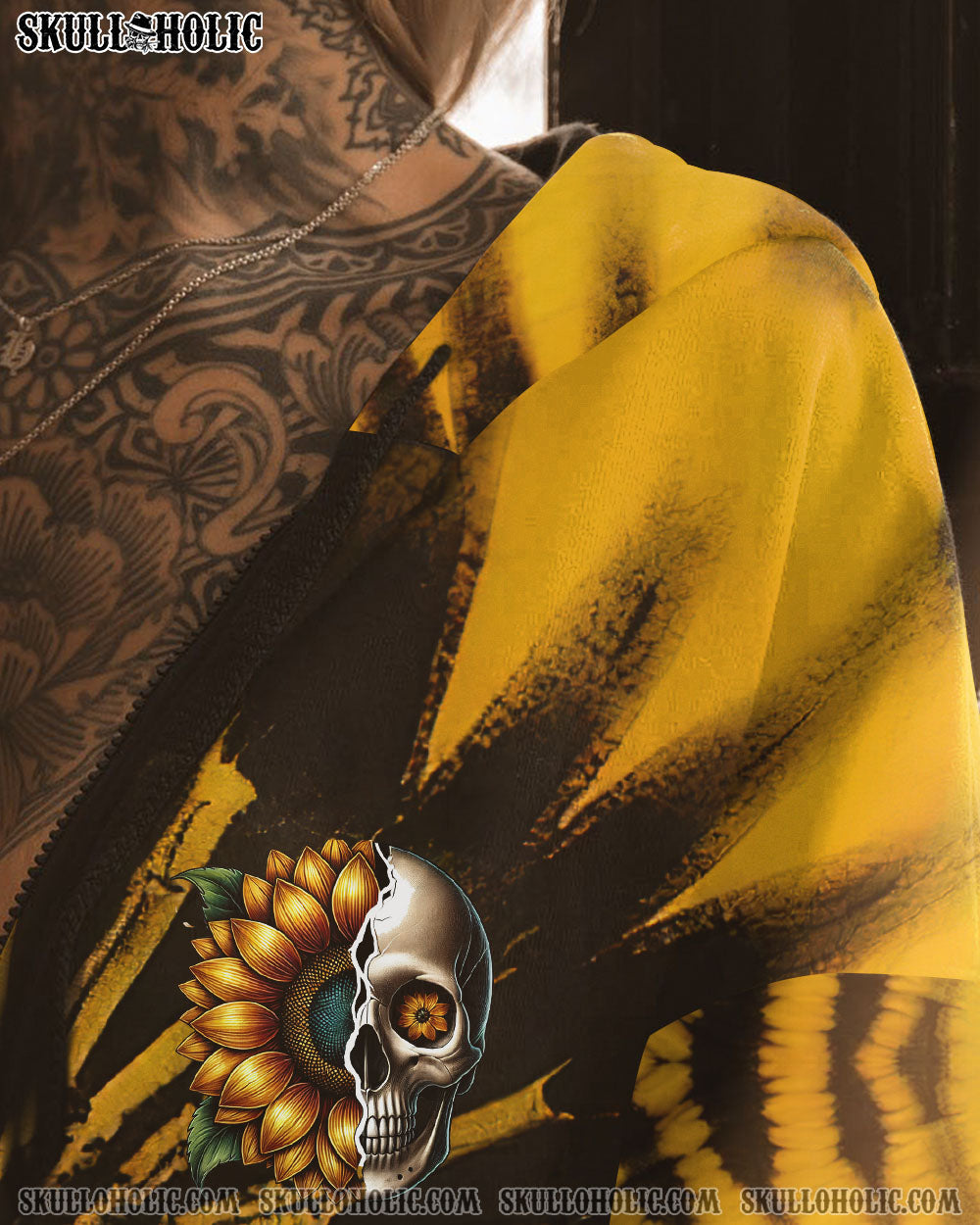 BLISSCORNERS DON'T TRY TO FIGURE ME OUT SKULL SUNFLOWER ALL OVER PRINT