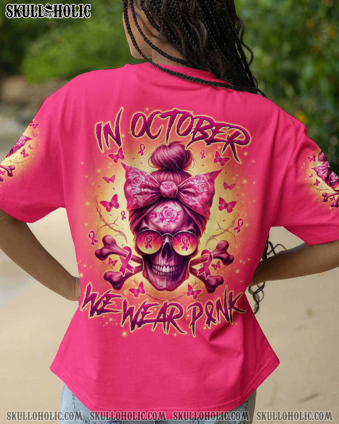 BLISSCORNERS FCK CANCER MESSY BUN SKULL TIE DYE BREAST CANCER ALL OVER PRINT
