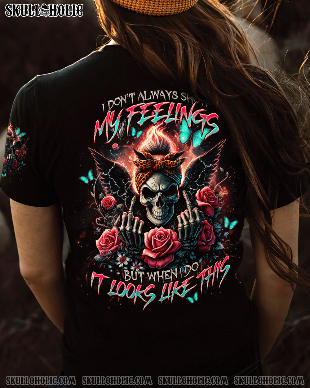 BLISSCORNERS I DON'T ALWAYS SHOW MY FEELINGS SKULL MESSY BUN ALL OVER PRINT