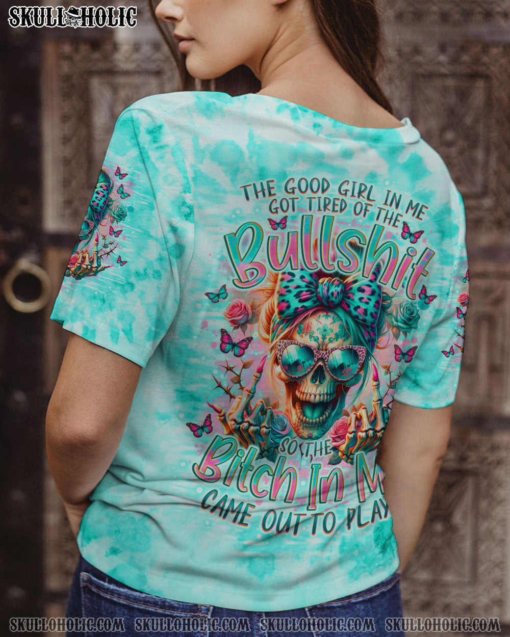 BLISSCORNERS THE GOOD GIRL IN ME MESSY BUN SKULL ALL OVER PRINT