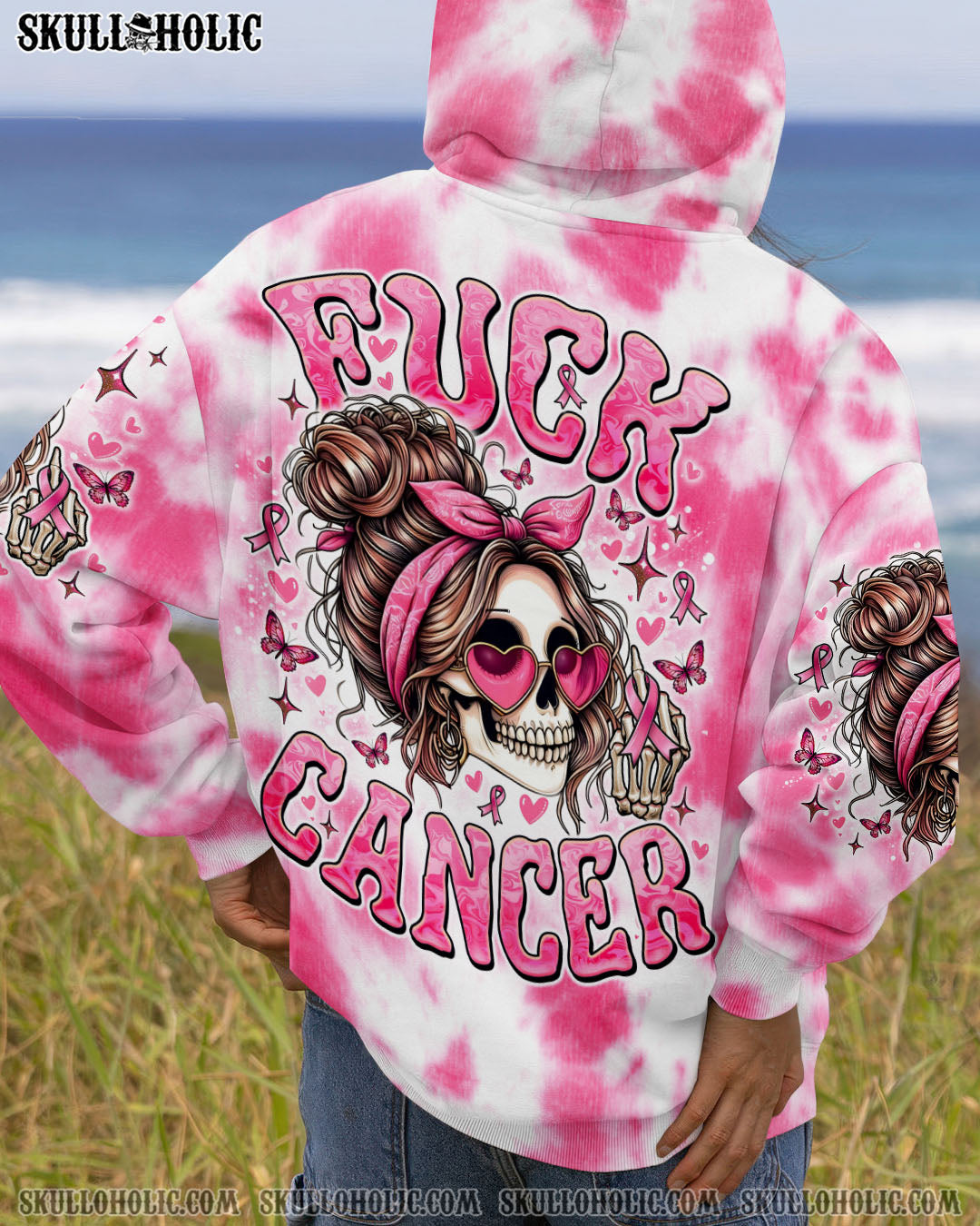 BLISSCORNERS FCK CANCER SKULL TIE DYE BREAST CANCER ALL OVER PRINT