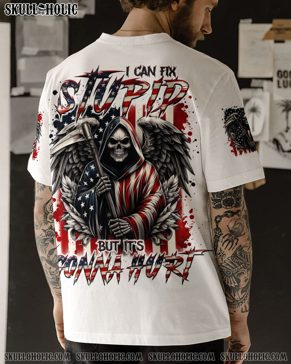 BLISSCORNERS I CAN FIX STUPID BUT IT'S GONNA HURT SKULL REAPER ALL OVER PRINT