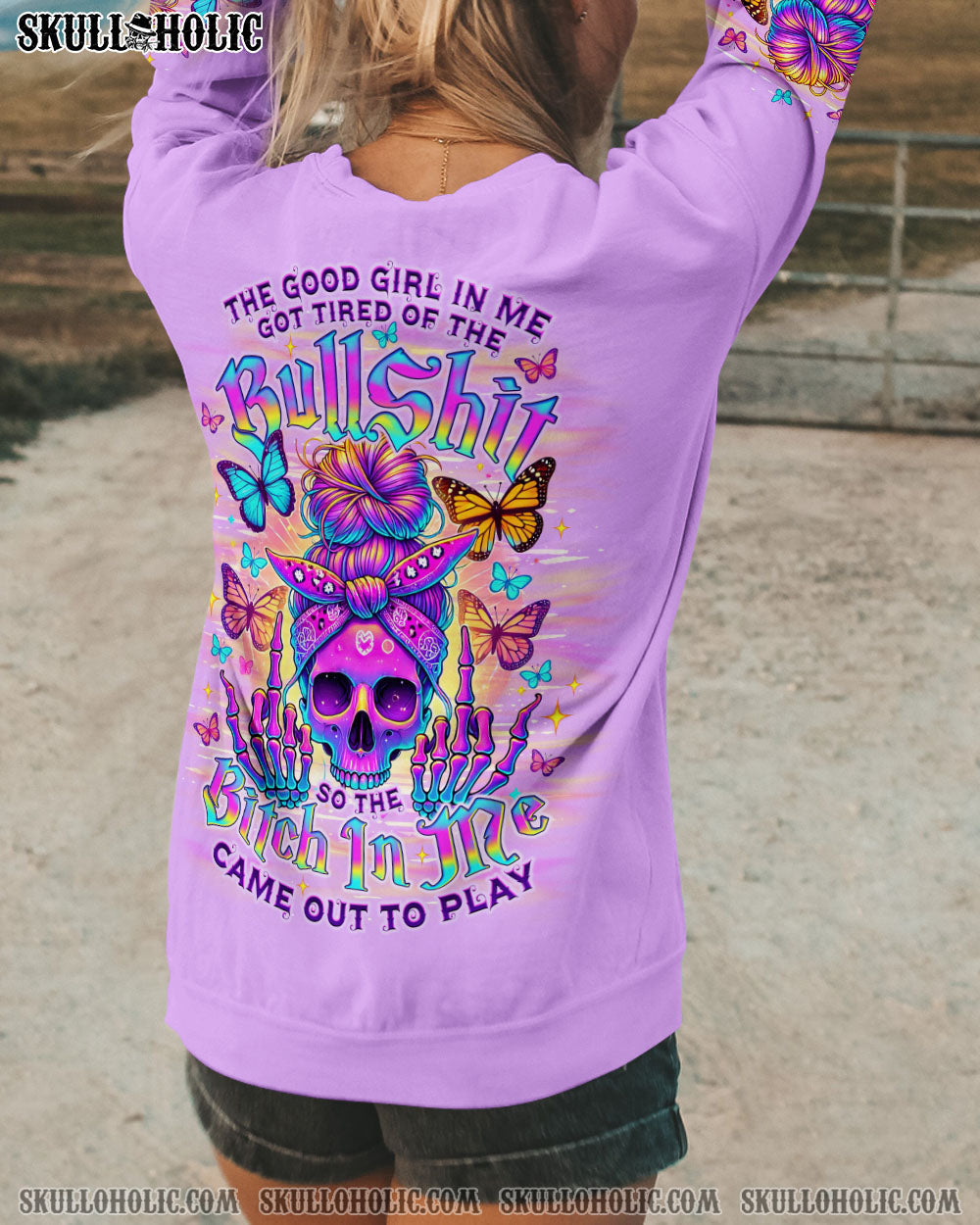 BLISSCORNERS THE GOOD GIRL IN ME SKULL MESSY BUN ALL OVER PRINT