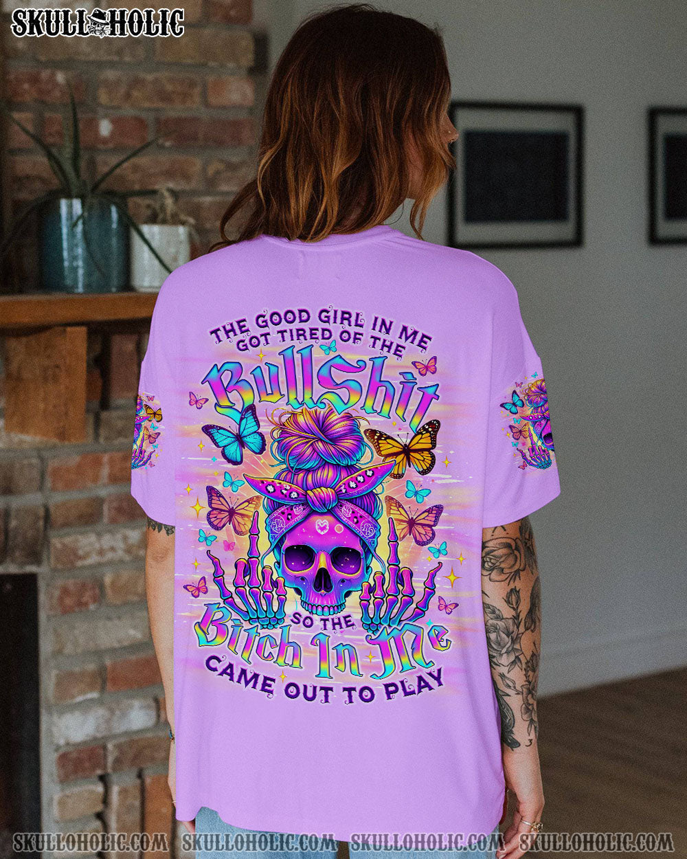 BLISSCORNERS THE GOOD GIRL IN ME SKULL MESSY BUN ALL OVER PRINT