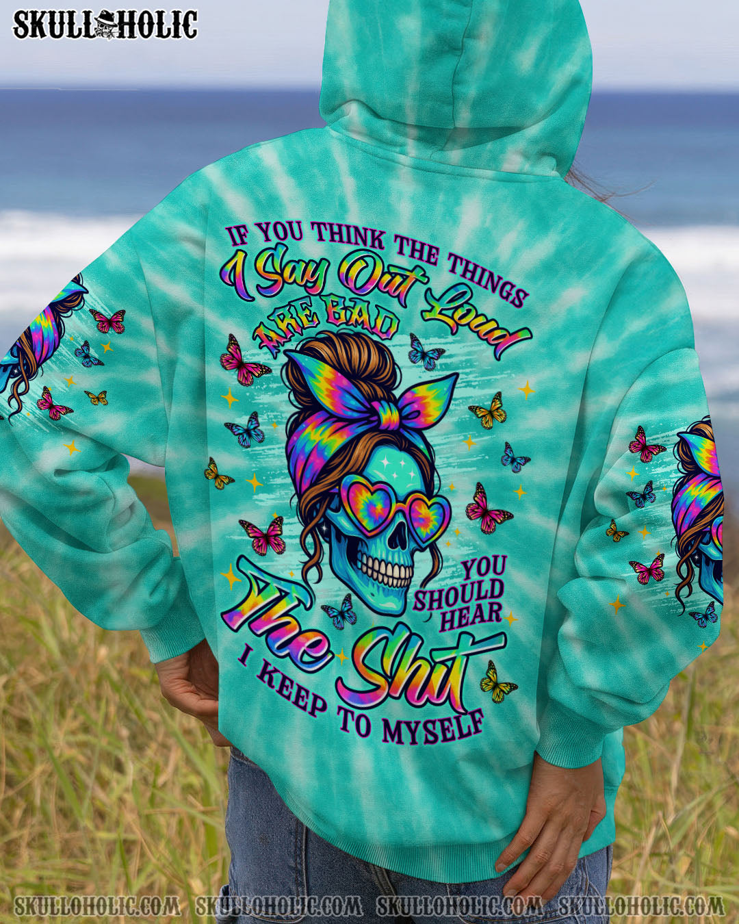 BLISSCORNERS IF YOU THINK THE THINGS I SAY OUT LOUD MESSY BUN SKULL TIE DYE ALL OVER PRINT