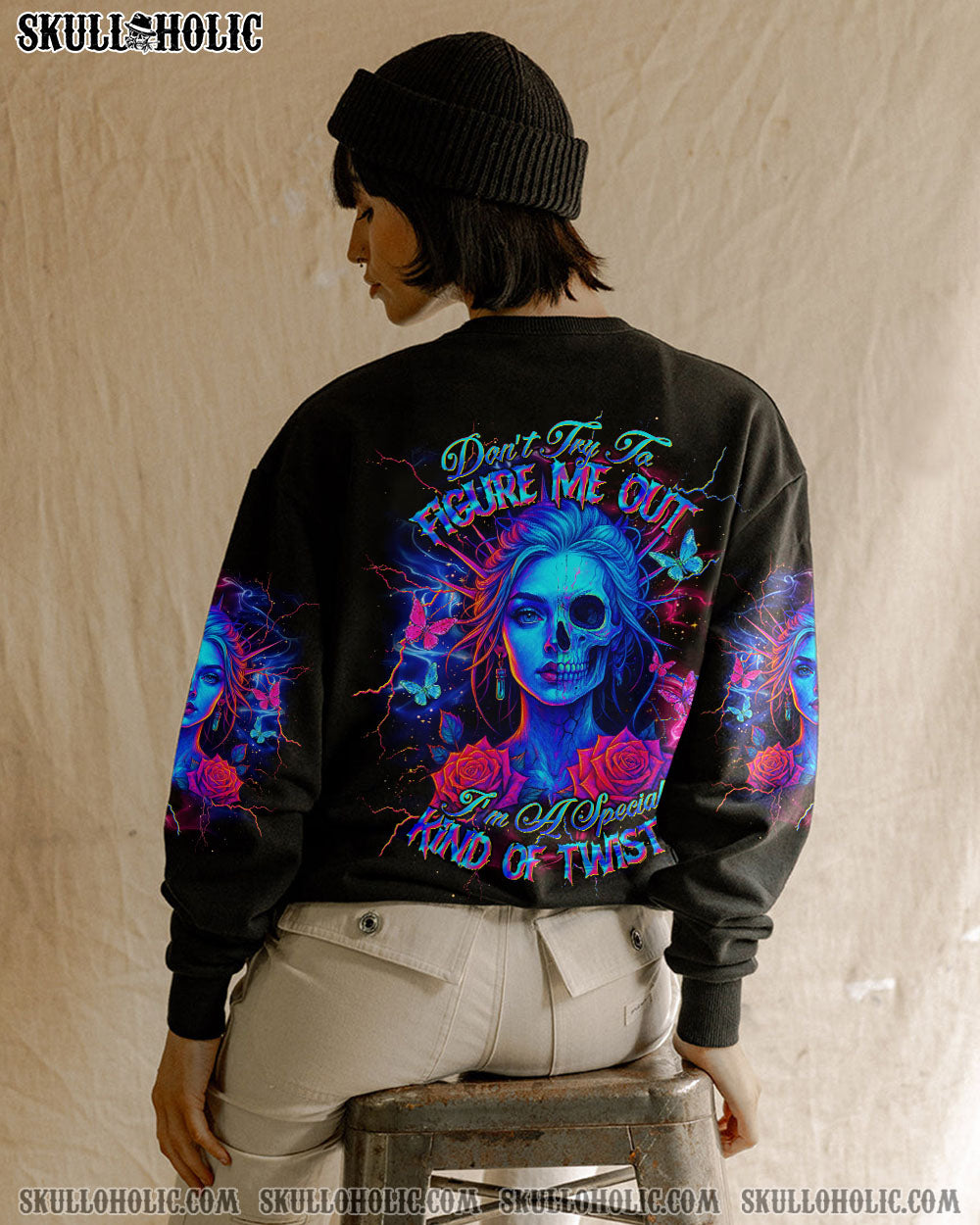 BLISSCORNERS DON'T TRY TO FIGURE ME OUT SKULL HALF LADY ALL OVER PRINT