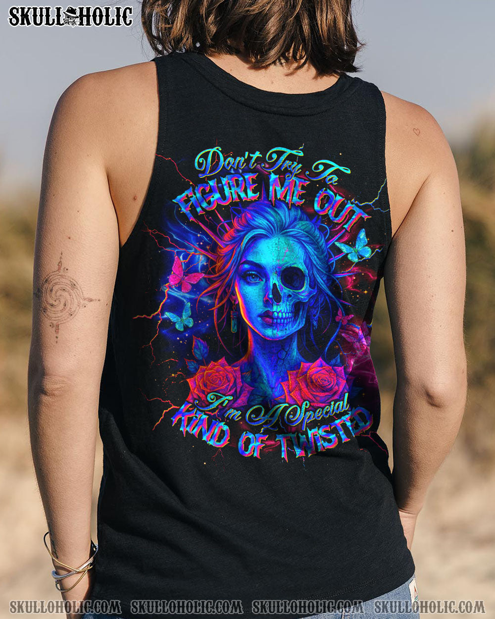 BLISSCORNERS DON'T TRY TO FIGURE ME OUT SKULL HALF LADY ALL OVER PRINT