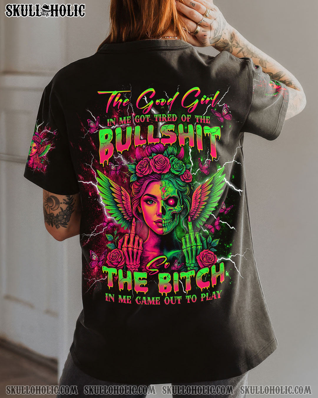 BLISSCORNERS THE GOOD GIRL IN ME GOT TIRED SKULL HALF FACE ALL OVER PRINT