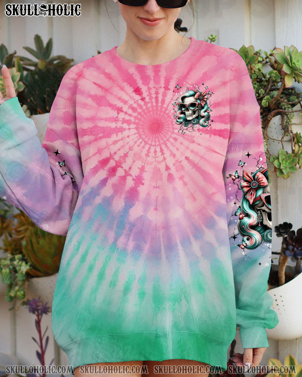 BLISSCORNERS THICK THIGHS THIN PATIENCE SKULL TIE DYE ALL OVER PRINT