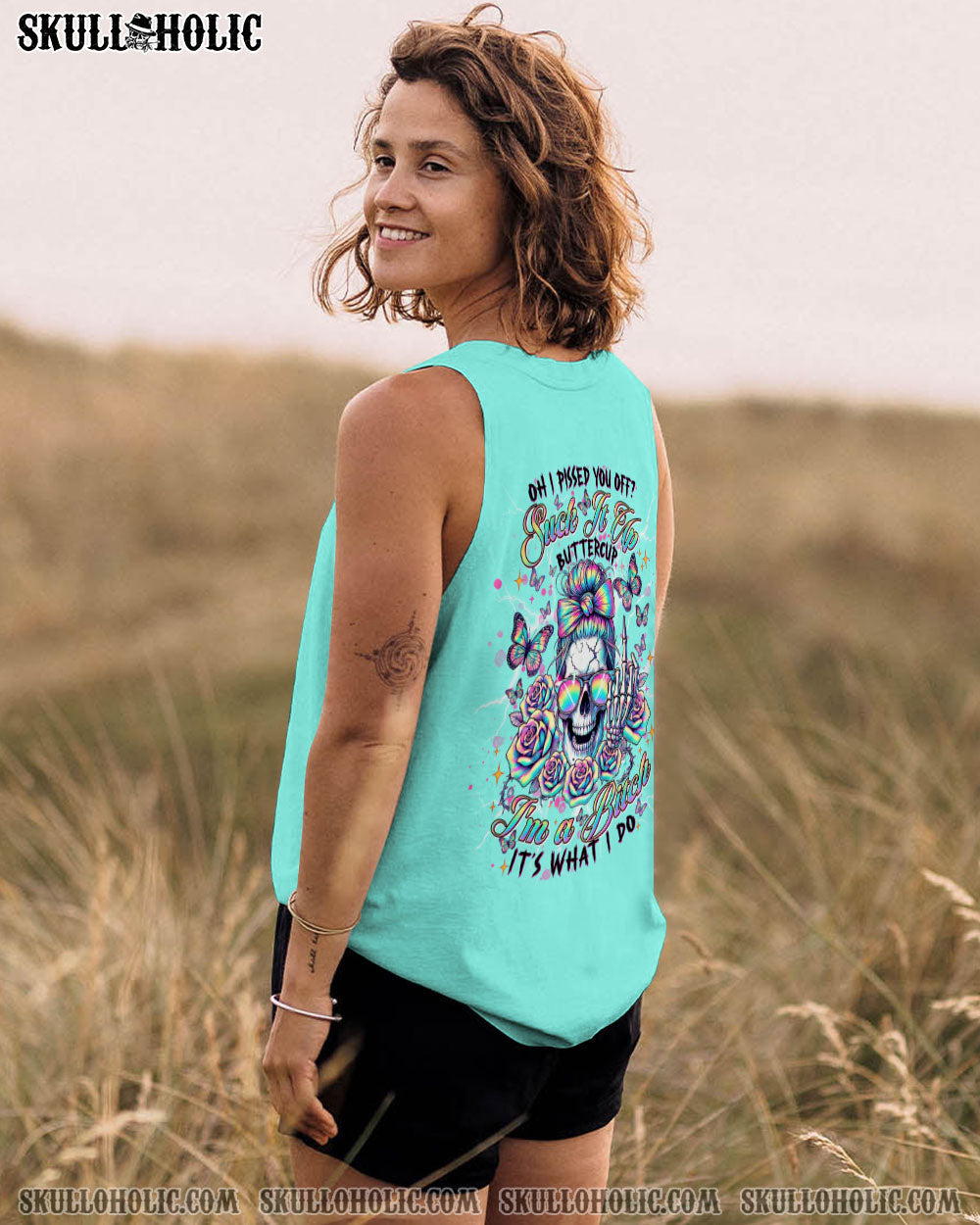 BLISSCORNERS THE GOOD IN ME GOT TIRED MESSY BUN SKULL ALL OVER PRINT
