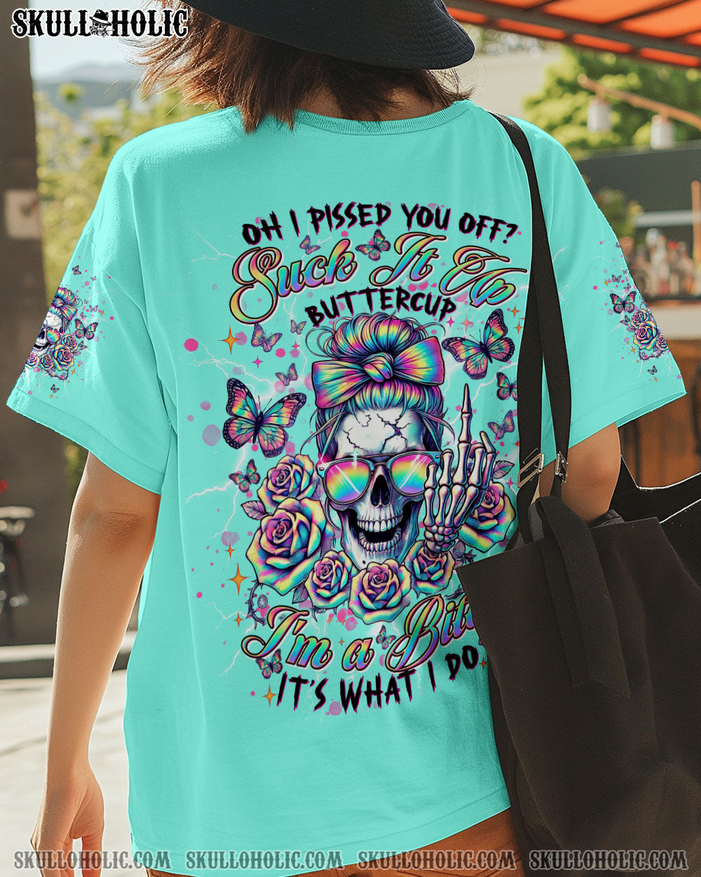 BLISSCORNERS THE GOOD IN ME GOT TIRED MESSY BUN SKULL ALL OVER PRINT