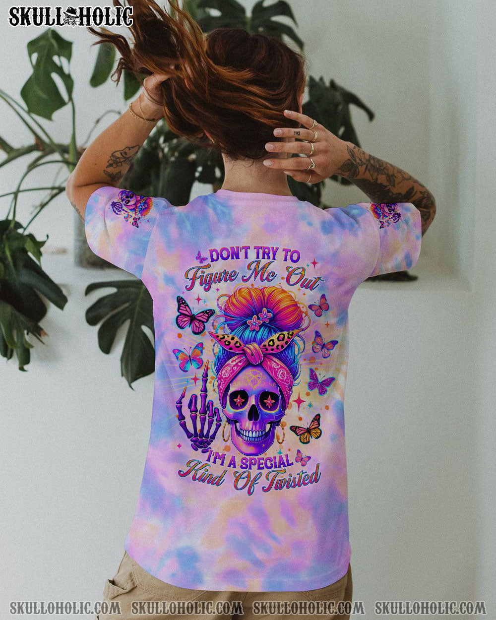 BLISSCORNERS DON'T TRY TO FIGURE ME OUT SKULL MESSY BUN TIE DYE ALL OVER PRINT