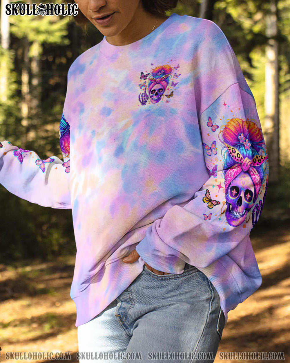 BLISSCORNERS DON'T TRY TO FIGURE ME OUT SKULL MESSY BUN TIE DYE ALL OVER PRINT