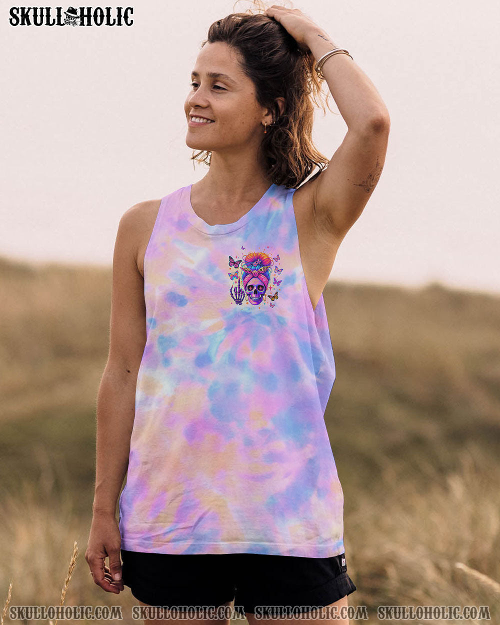 BLISSCORNERS DON'T TRY TO FIGURE ME OUT SKULL MESSY BUN TIE DYE ALL OVER PRINT