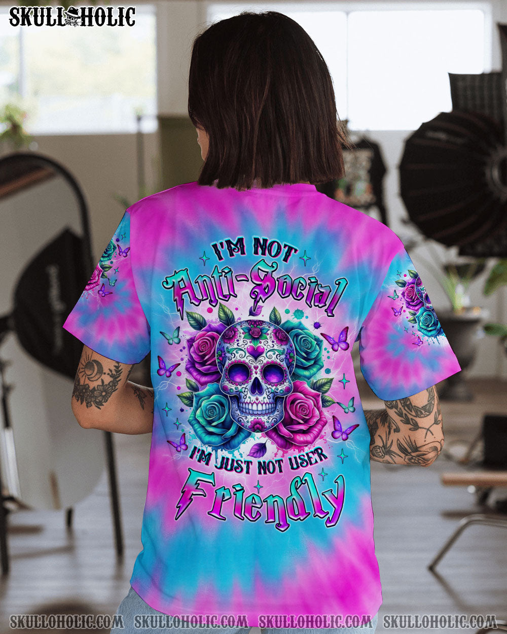 BLISSCORNERS I'M NOT ANTI-SOCIAL SKULL FLOWER ALL OVER PRINT