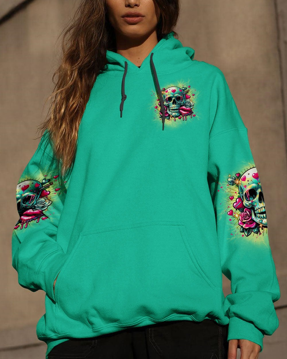 BLISSCORNERS IF YOU MESS WITH MY ANGEL MESSY BUN SKULL ALL OVER PRINT