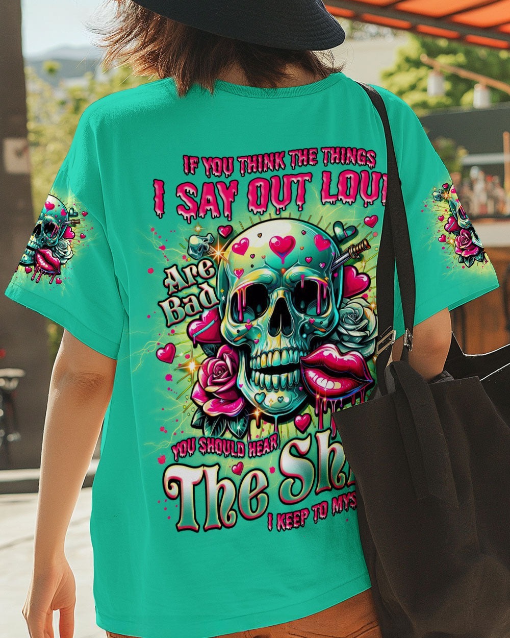 BLISSCORNERS IF YOU MESS WITH MY ANGEL MESSY BUN SKULL ALL OVER PRINT