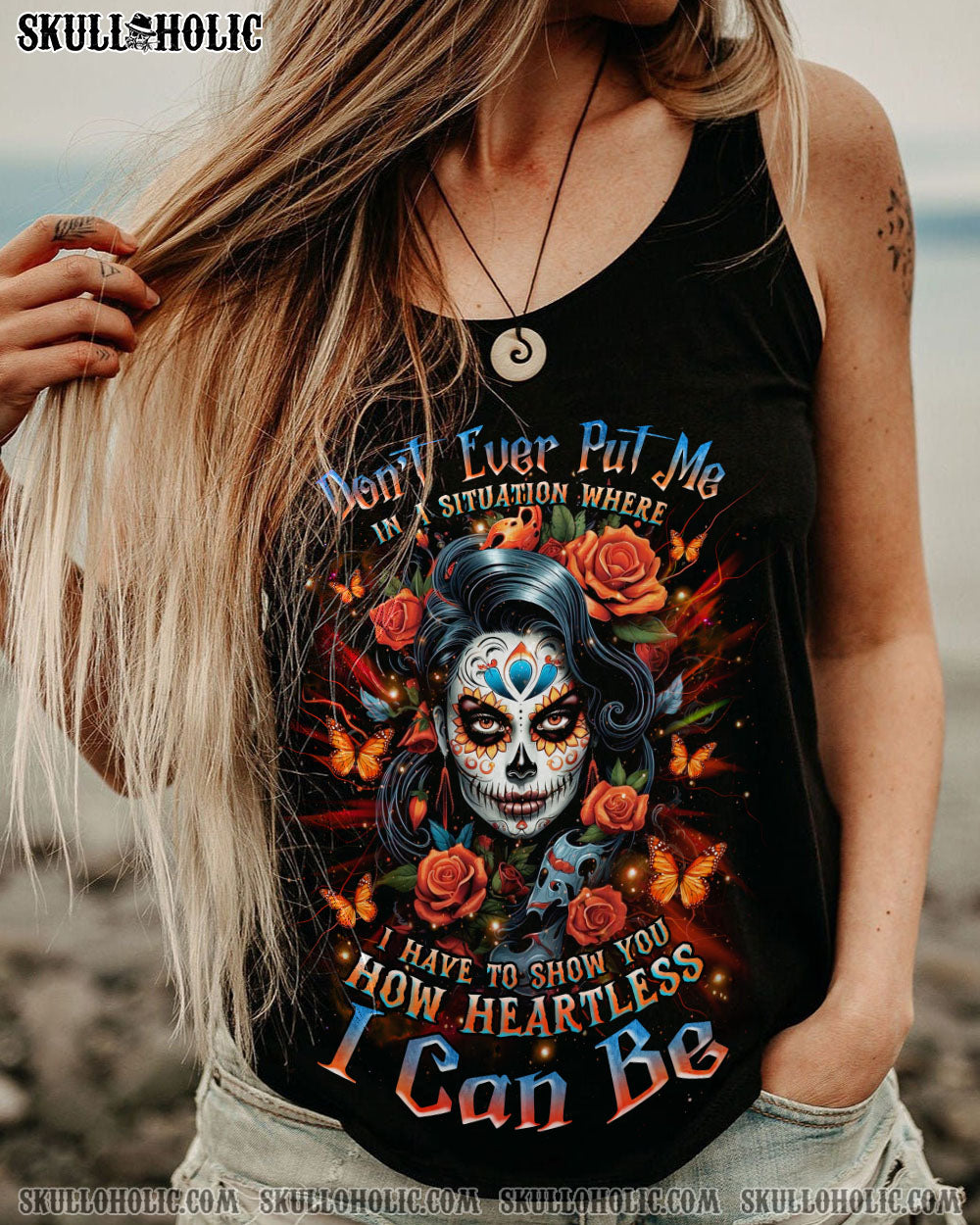 BLISSCORNERS HOW HEARTLESS I CAN BE SKULL LADY ALL OVER PRINT