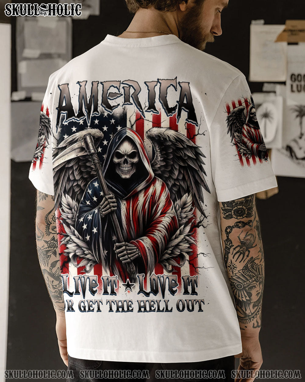 BLISSCORNERS AMERICA LIVE IT LOVE IT OR GET THE HELL OUT ALL OVER PRINT