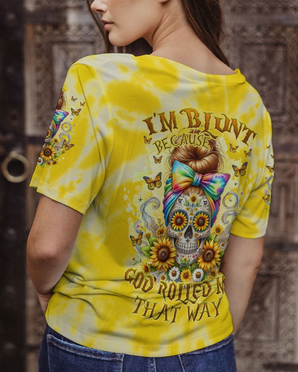 BLISSCORNERS THE GOOD GIRL IN ME NEON ROSE SKULL MESSY BUN ALL OVER PRINT