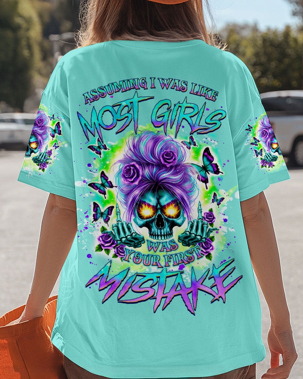 BLISSCORNERS DON'T TRY TO FIGURE ME OUT SKULL MESSY BUN ALL OVER PRINT