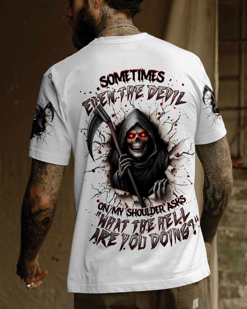 BLISSCORNERS SOMETIMES EVEN THE DEVIL REAPER SKULL ALL OVER PRINT
