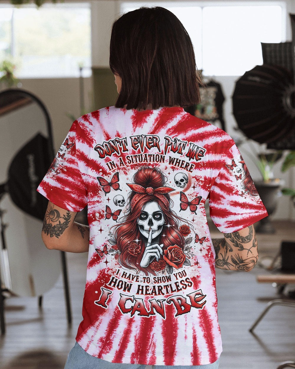 BLISSCORNERS HOW HEARTLESS I CAN BE SKULL MESSY BUN ALL OVER PRINT