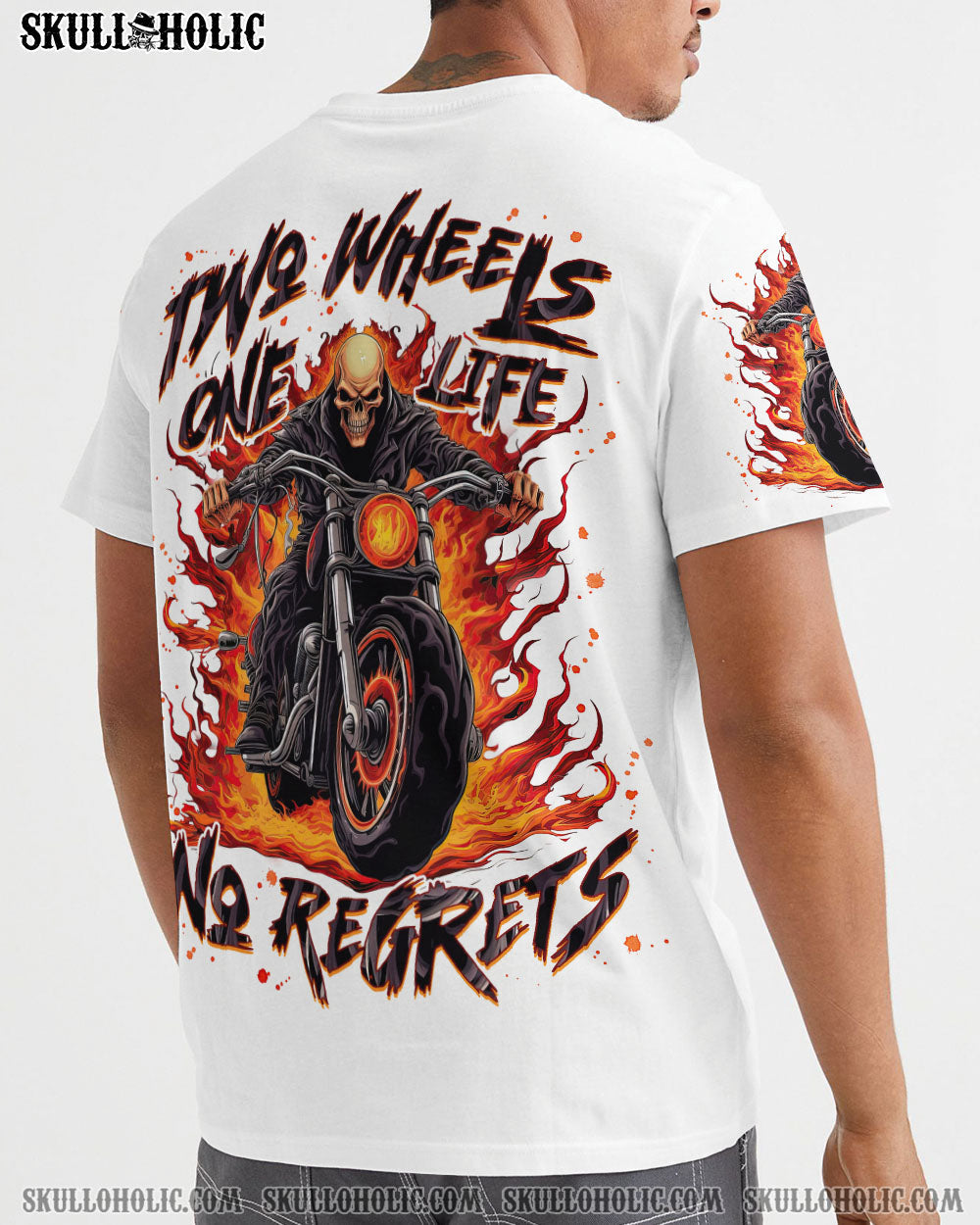 BLISSCORNERS TWO WHEELS ONE LIFE NO REGRETS BIKER SKULL ALL OVER PRINT