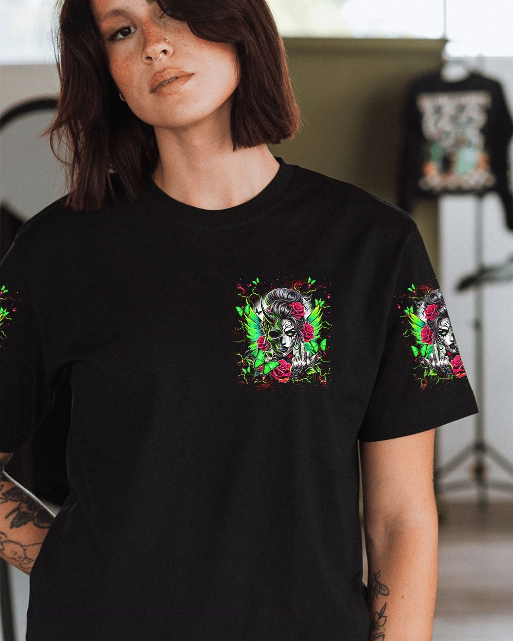 BLISSCORNERS HOW HEARTLESS I CAN BE TATTOO SKULL MESSY BUN ALL OVER PRINT