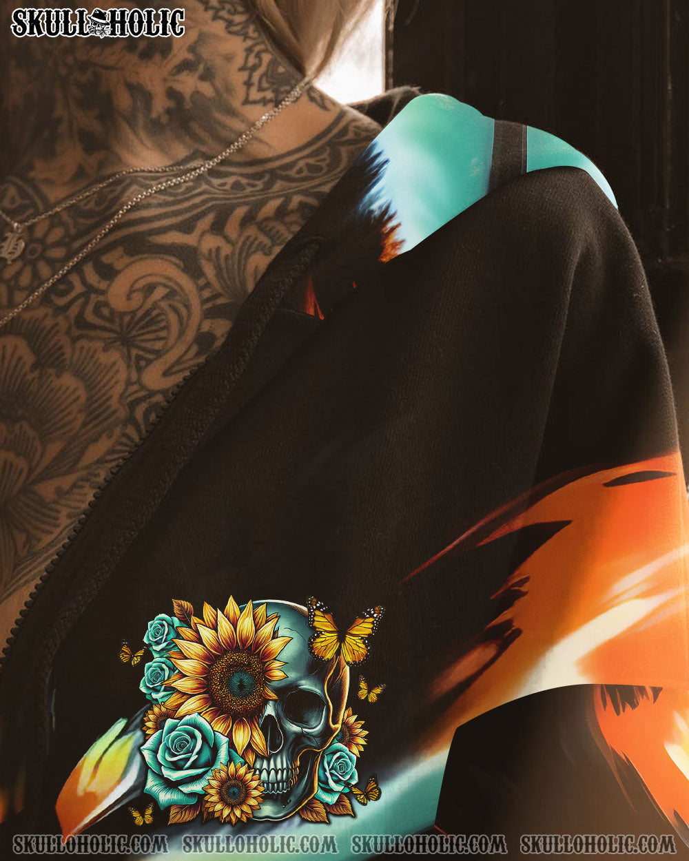 BLISSCORNERS SHE IS SUNSHINE SUNFLOWER SKULL TIE DYE ALL OVER PRINT