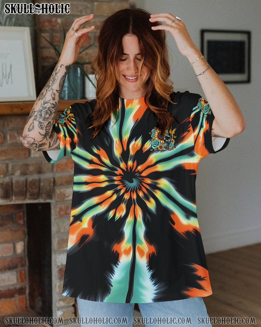 BLISSCORNERS SHE IS SUNSHINE SUNFLOWER SKULL TIE DYE ALL OVER PRINT