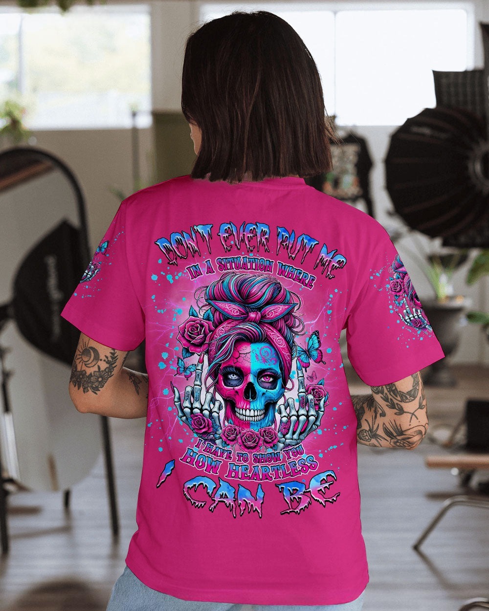 BLISSCORNERS HOW HEARTLESS I CAN BE SKULL MESSY BUN ALL OVER PRINT