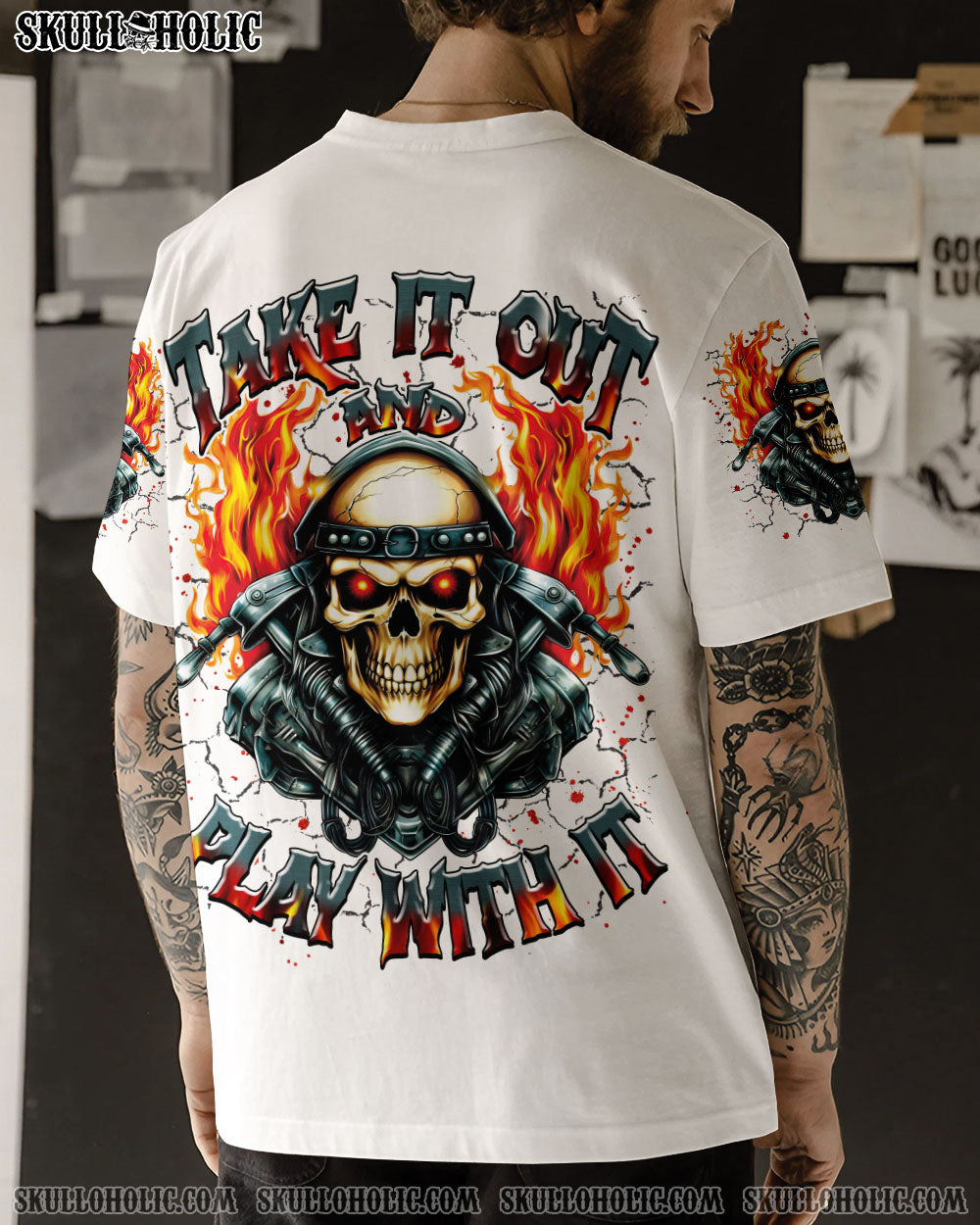 BLISSCORNERS TAKE IT OUT AND PLAY WITH IT BIKER SKULL ALL OVER PRINT