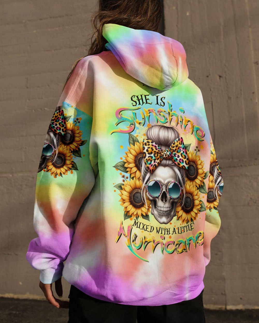 BLISSCORNERS SHE IS SUNSHINE SKULL MESSY BUN ALL OVER PRINT