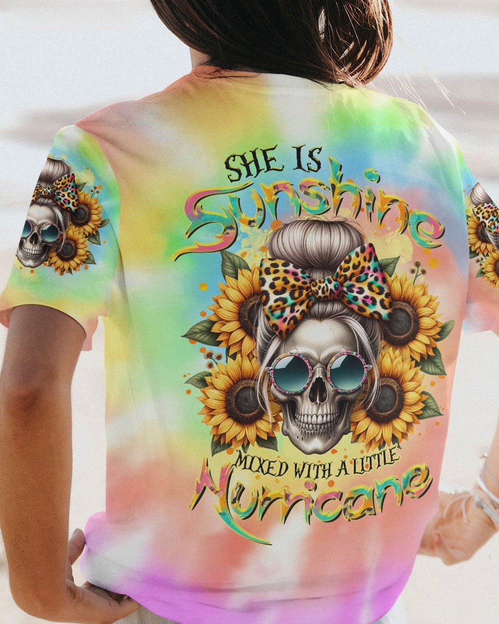 BLISSCORNERS SHE IS SUNSHINE SKULL MESSY BUN ALL OVER PRINT