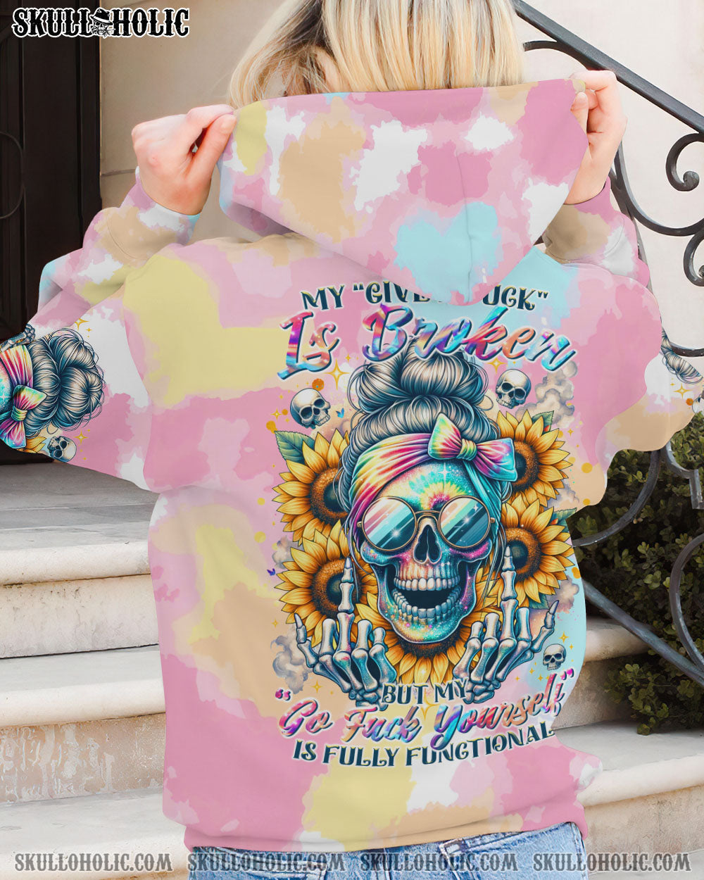 BLISSCORNERS FRAGILE LIKE A BOMB TIE DYE MESSY BUN SKULL ALL OVER PRINT