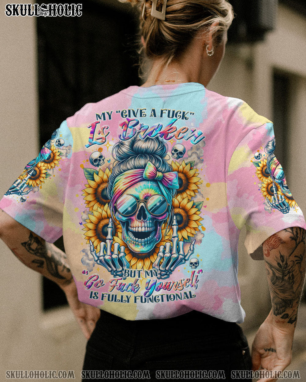 BLISSCORNERS FRAGILE LIKE A BOMB TIE DYE MESSY BUN SKULL ALL OVER PRINT