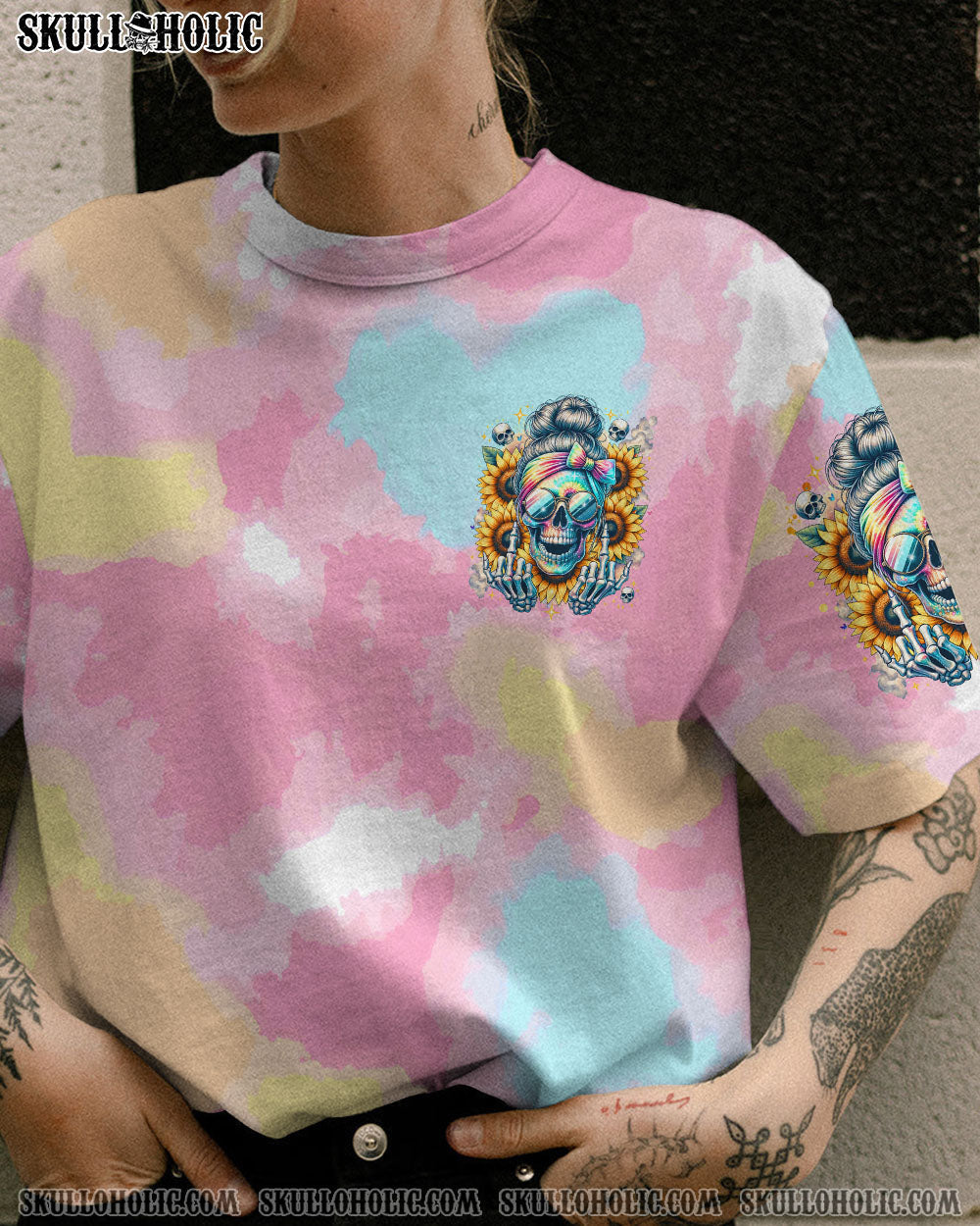BLISSCORNERS FRAGILE LIKE A BOMB TIE DYE MESSY BUN SKULL ALL OVER PRINT