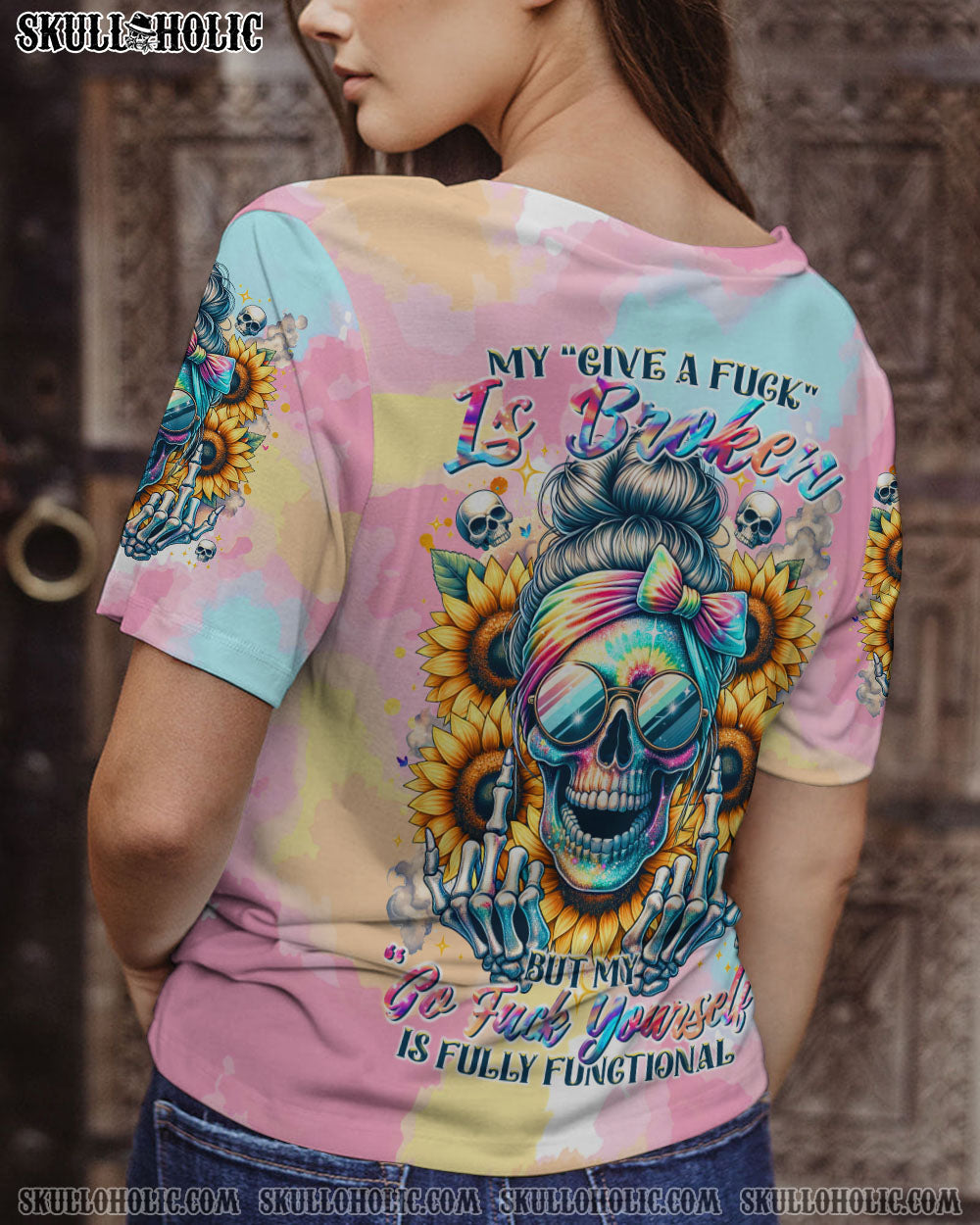 BLISSCORNERS FRAGILE LIKE A BOMB TIE DYE MESSY BUN SKULL ALL OVER PRINT