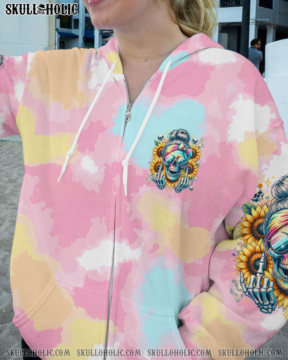 BLISSCORNERS FRAGILE LIKE A BOMB TIE DYE MESSY BUN SKULL ALL OVER PRINT