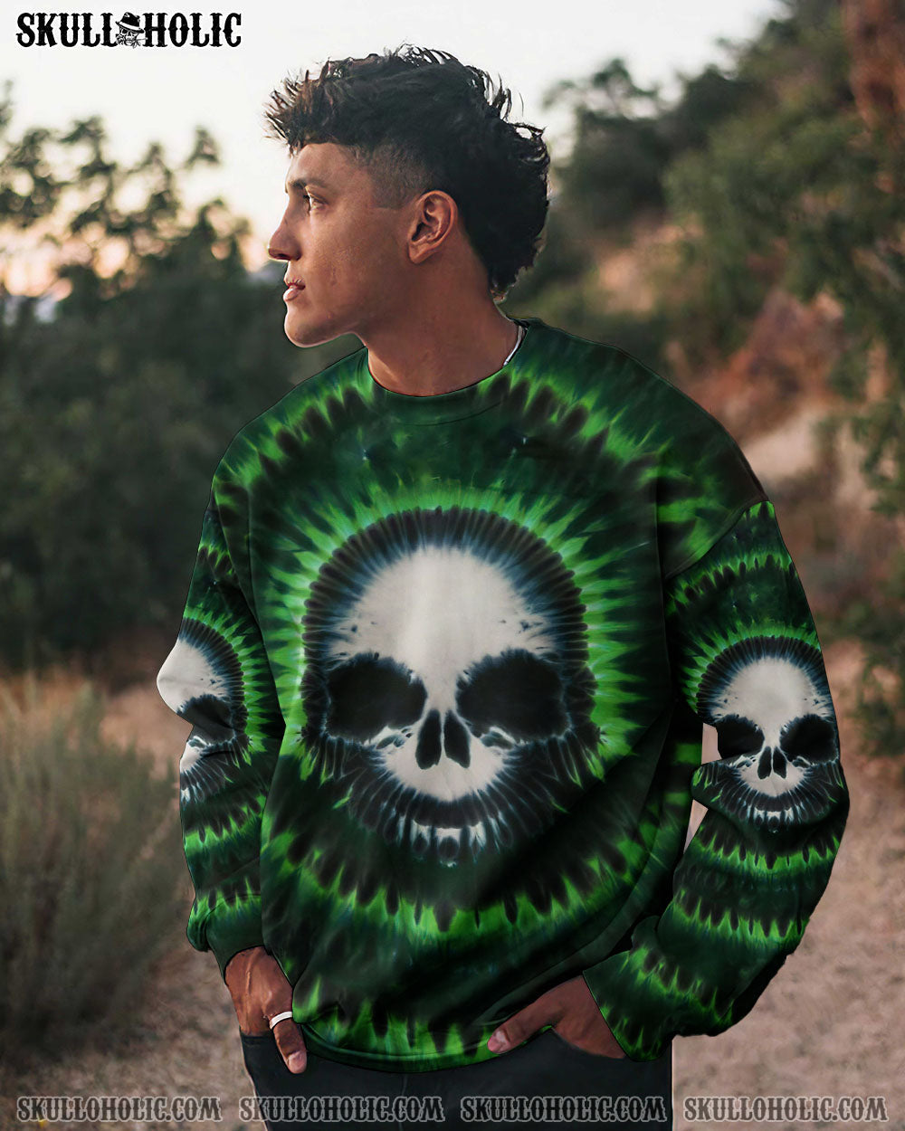 BLISSCORNERS ZOMBIE GREEN SKULL TIE DYE HAND DYED ALL OVER PRINT