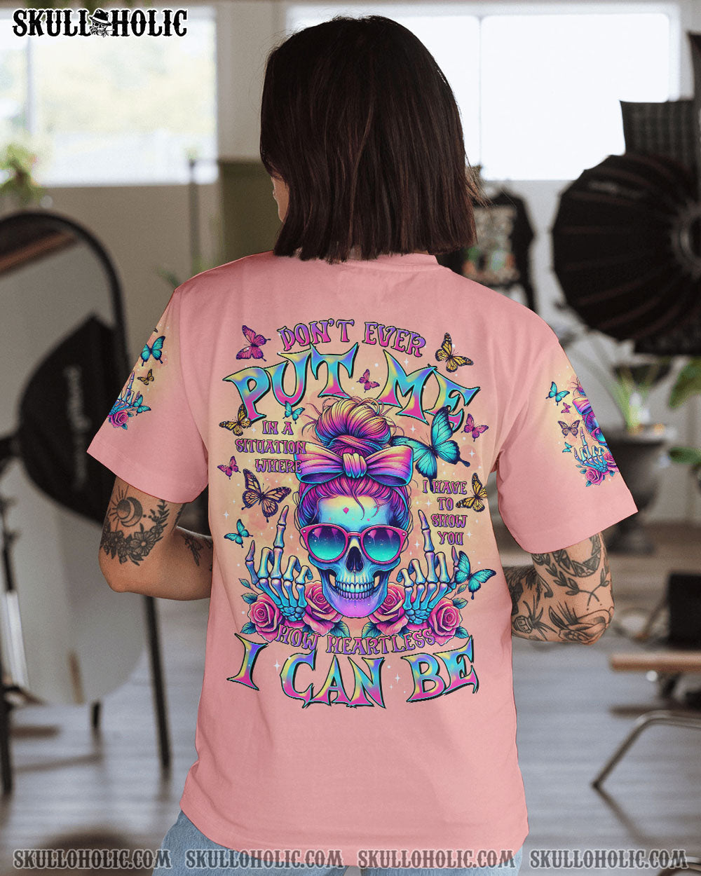 BLISSCORNERS HOW HEARTLESS I CAN BE SKULL MESSY BUN ALL OVER PRINT