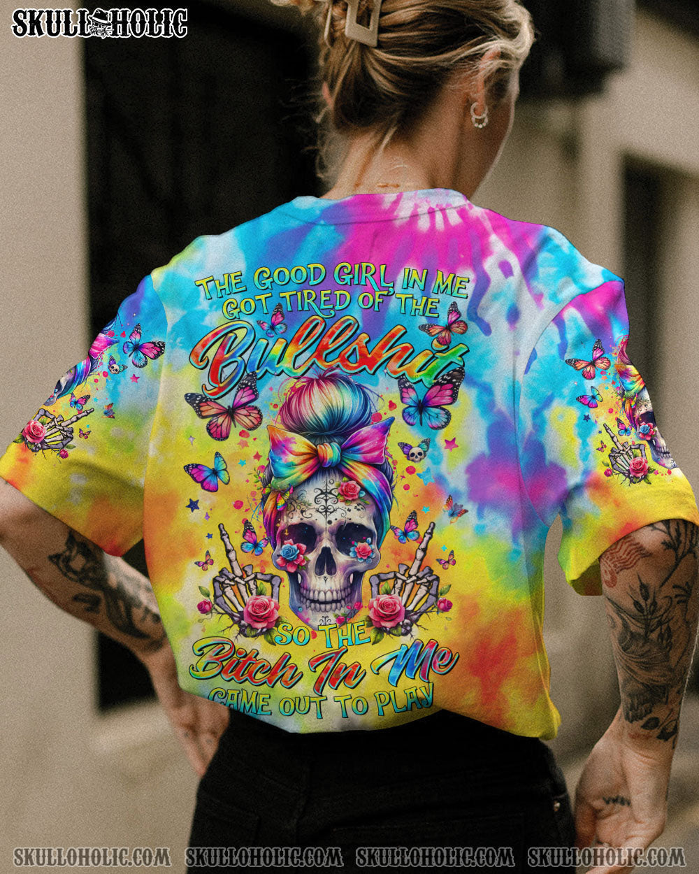 BLISSCORNERS I'M A GIRL WITH A MIND SKULL MESSY BUN ALL OVER PRINT