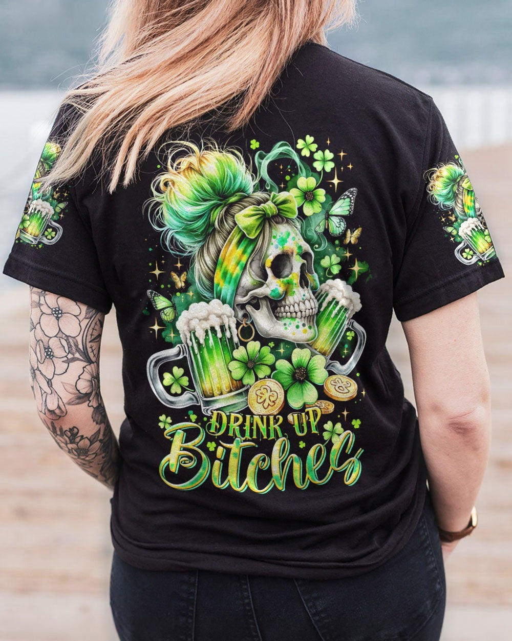BLISSCORNERS DRINK UP B MESSY BUN SKULL PATRICK'S DAY ALL OVER PRINT
