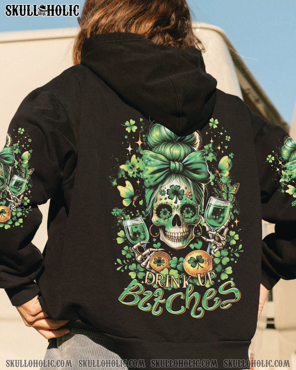 BLISSCORNERS DRINK UP B MESSY BUN SKULL PATRICK'S DAY ALL OVER PRINT