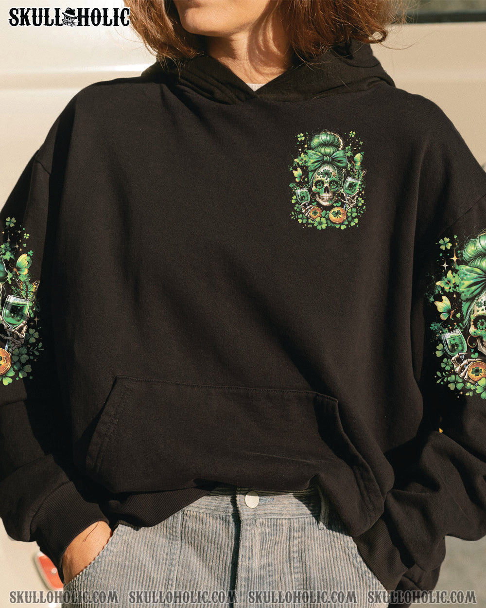 BLISSCORNERS DRINK UP B MESSY BUN SKULL PATRICK'S DAY ALL OVER PRINT