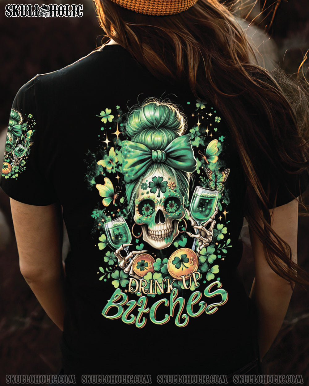 BLISSCORNERS DRINK UP B MESSY BUN SKULL PATRICK'S DAY ALL OVER PRINT